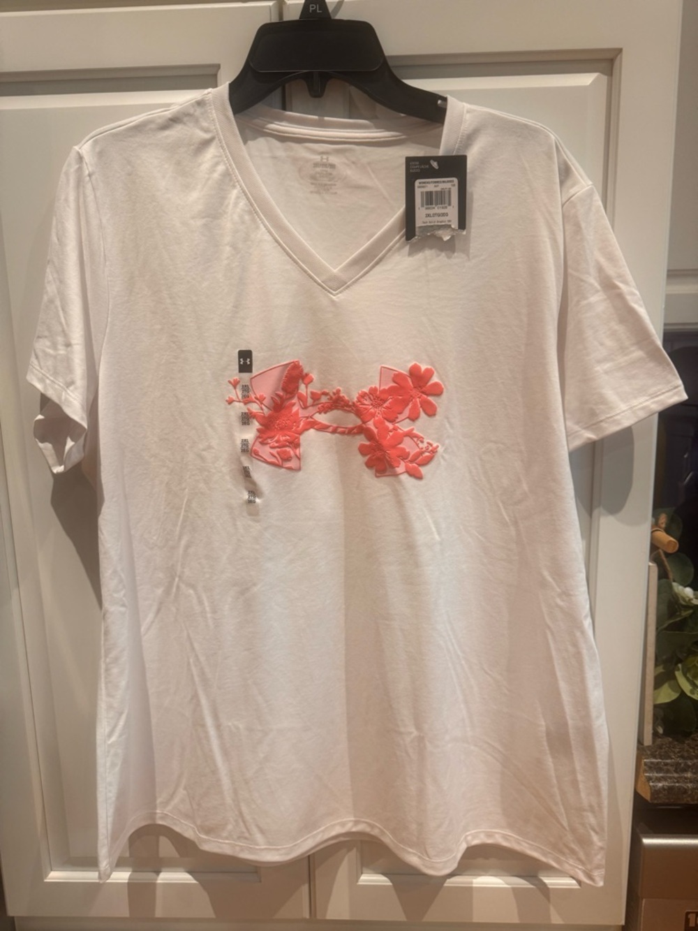 Under Armour White V-Neck Tee with Coral Floral Applique